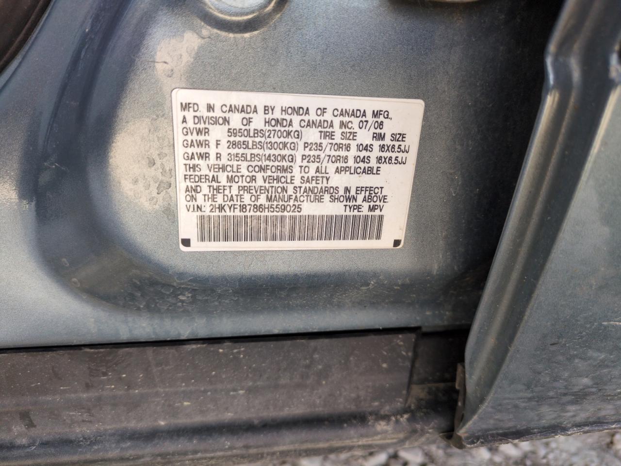 2006 Honda Pilot Ex VIN: 2HKYF18786H559025 Lot: 51434785