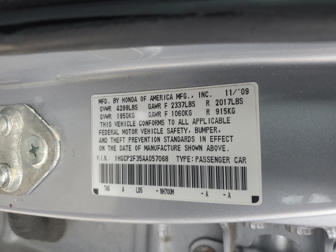 2010 Honda Accord Lx VIN: 1HGCP2F35AA057068 Lot: 53521705