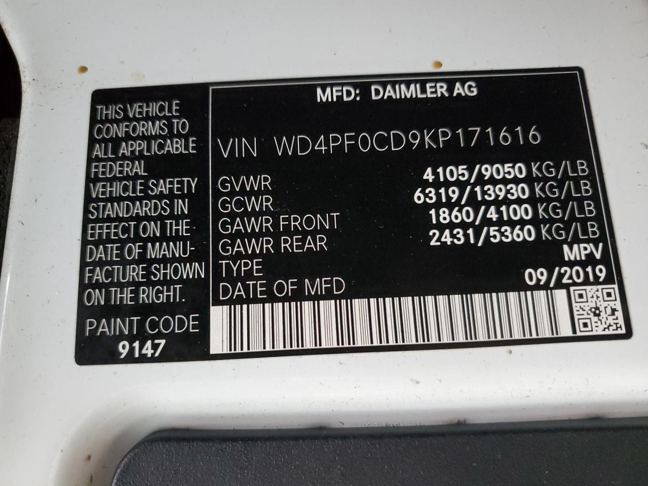 2019 Mercedes-Benz Sprinter 2500/3500 VIN: WD4PF0CD9KP171616 Lot: 51212405