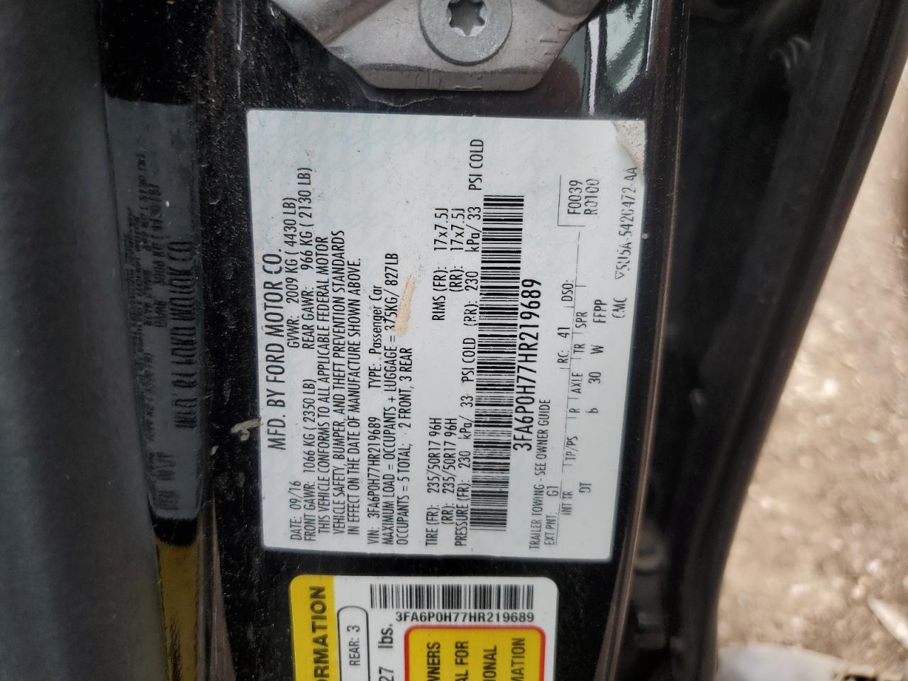2017 Ford Fusion Se VIN: 3FA6P0H77HR219689 Lot: 53789565