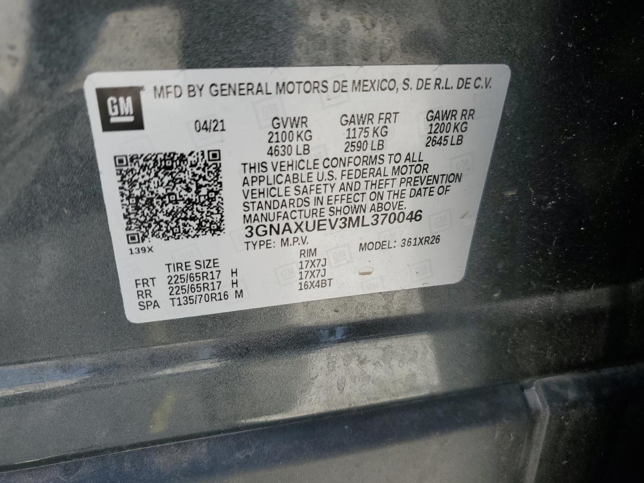 2021 Chevrolet Equinox Lt VIN: 3GNAXUEV3ML370046 Lot: 52885645