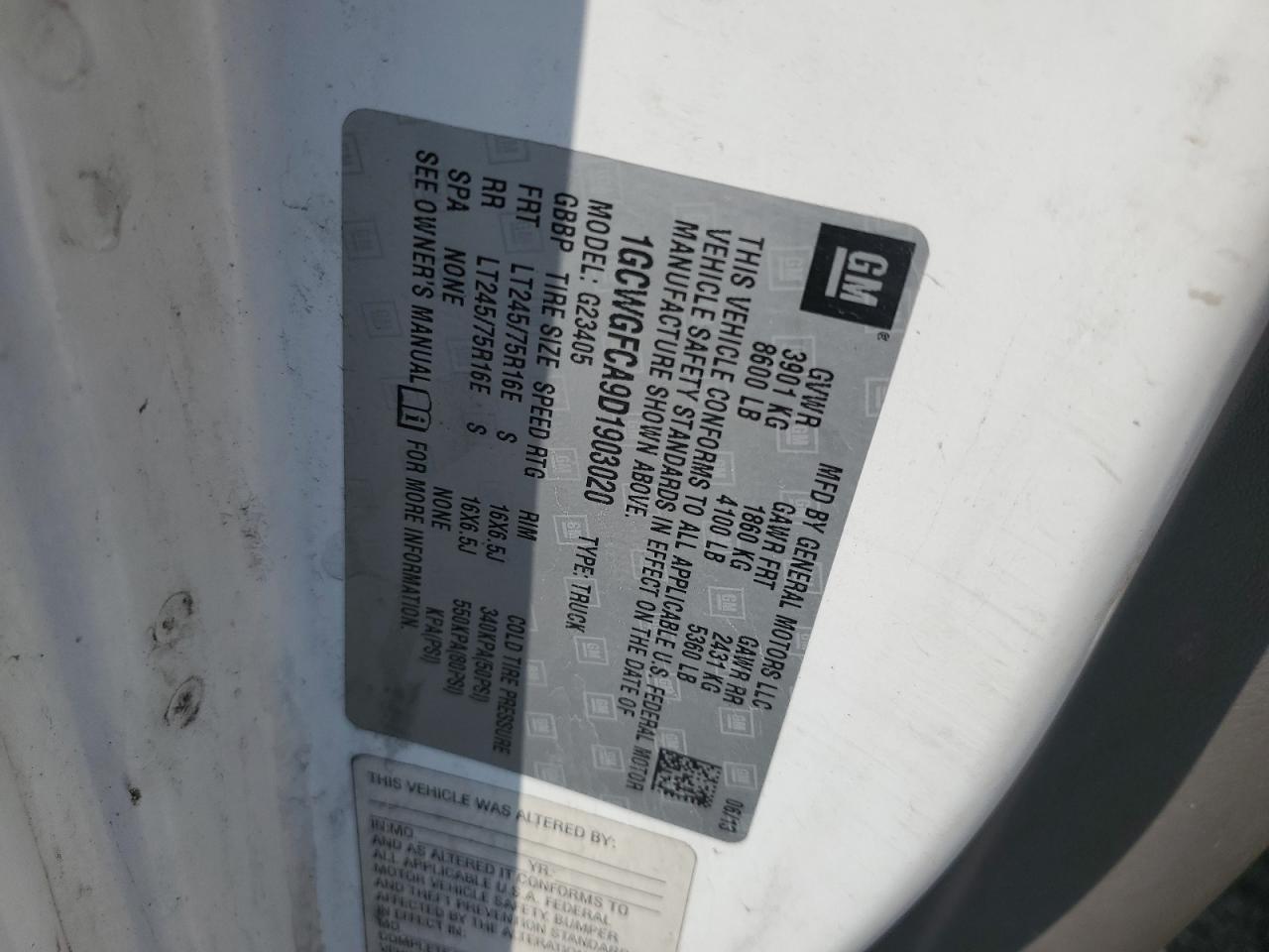 2013 Chevrolet Express G2500 VIN: 1GCWGFCA9D1903020 Lot: 54086975