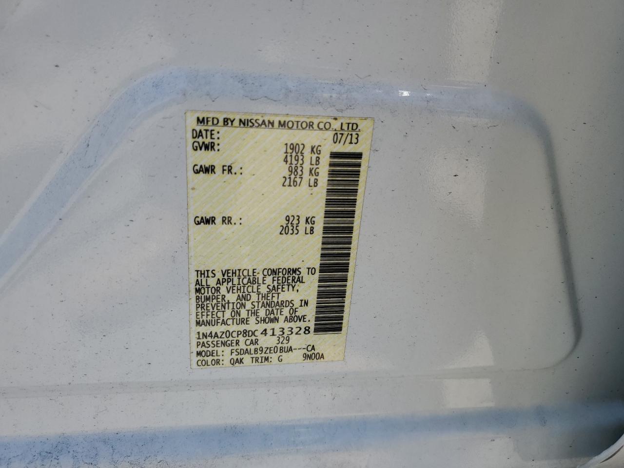 2013 Nissan Leaf S VIN: 1N4AZ0CP8DC413328 Lot: 54371285