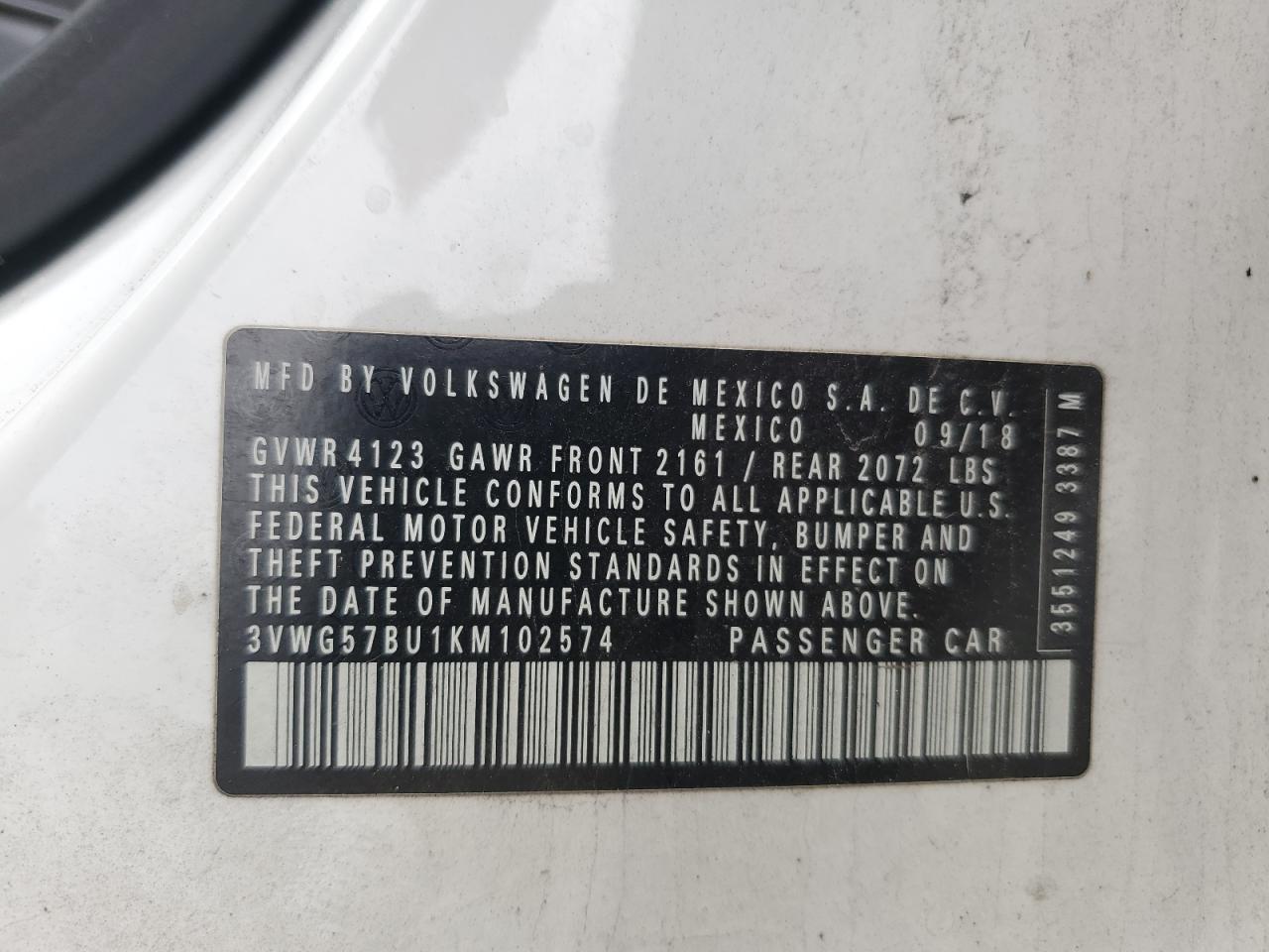3vwg57bu1km102574 3VWG57BU1KM102574 2019 Volkswagen Jetta Sel Premium
