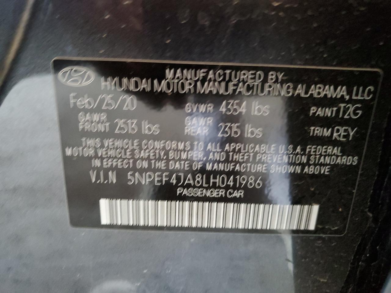 2020 Hyundai Sonata Sel VIN: 5NPEF4JA8LH041986 Lot: 54867415