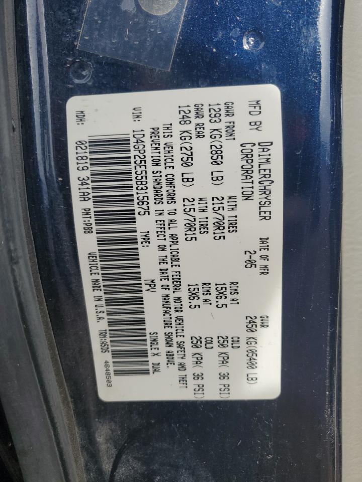 2005 Dodge Caravan Se VIN: 1D4GP25E55B315675 Lot: 53794095
