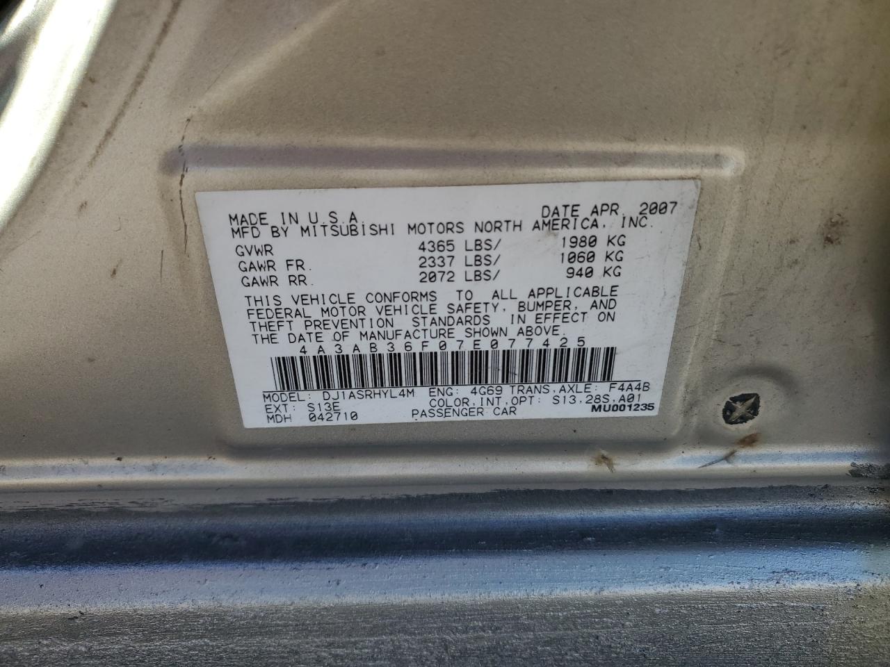 2007 Mitsubishi Galant Es VIN: 4A3AB36F07E077425 Lot: 54227075