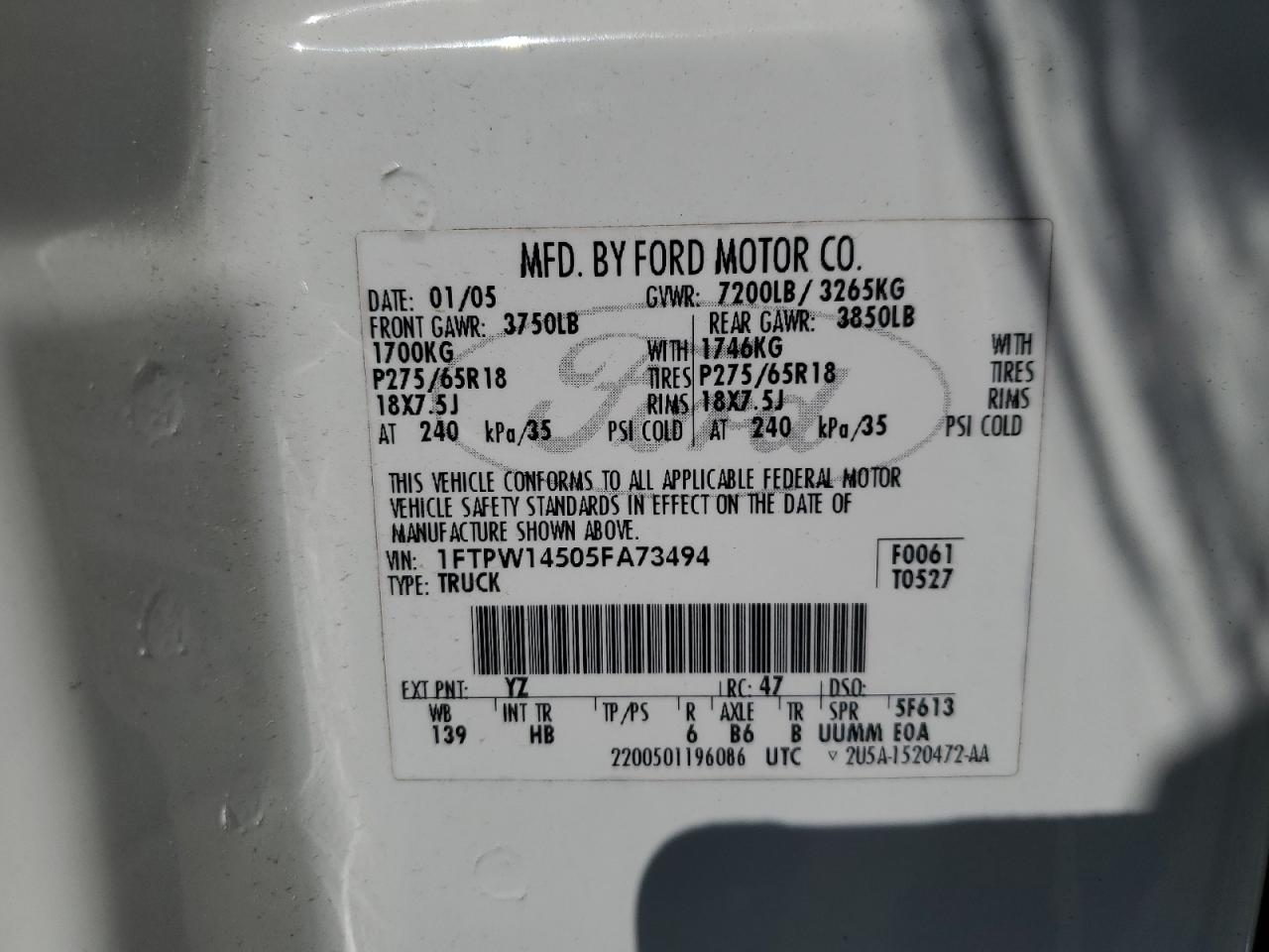 2005 Ford F150 Supercrew VIN: 1FTPW14505FA73494 Lot: 53455195
