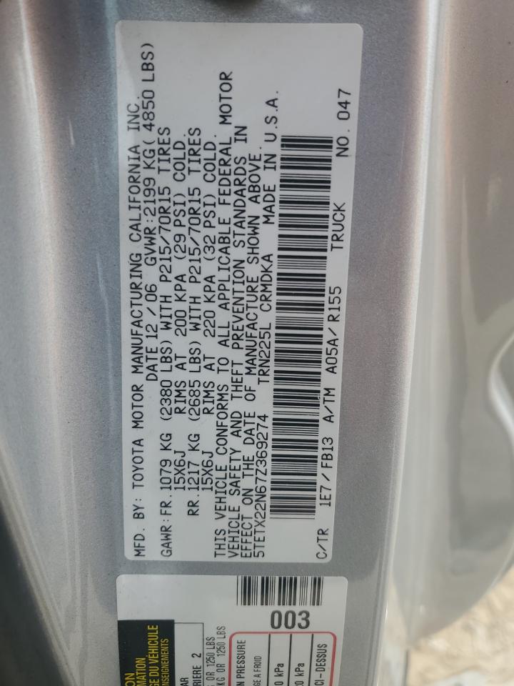 2007 Toyota Tacoma Access Cab VIN: 5TETX22N67Z369274 Lot: 53238645
