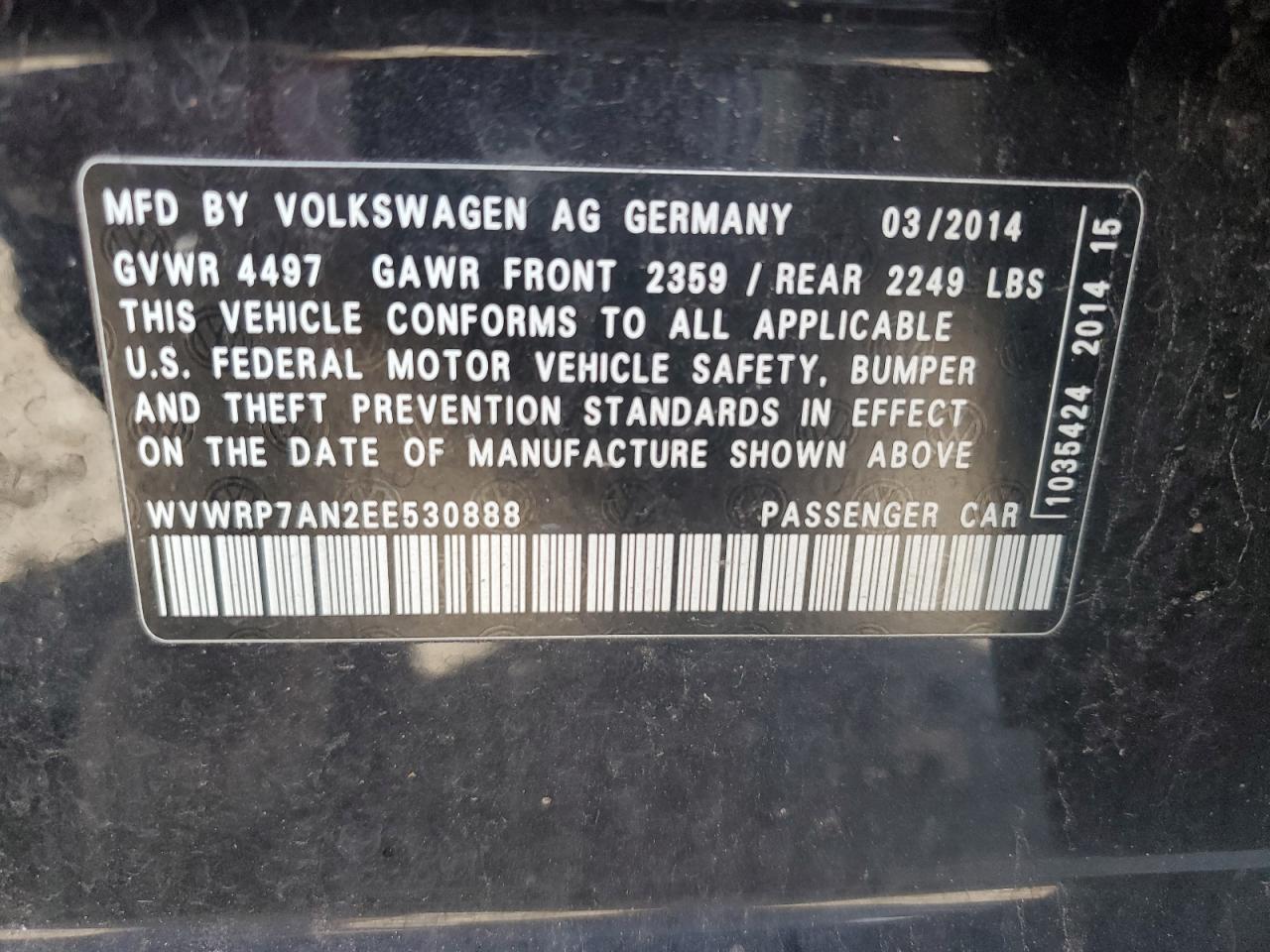 2014 Volkswagen Cc Luxury VIN: WVWRP7AN2EE530888 Lot: 49678285