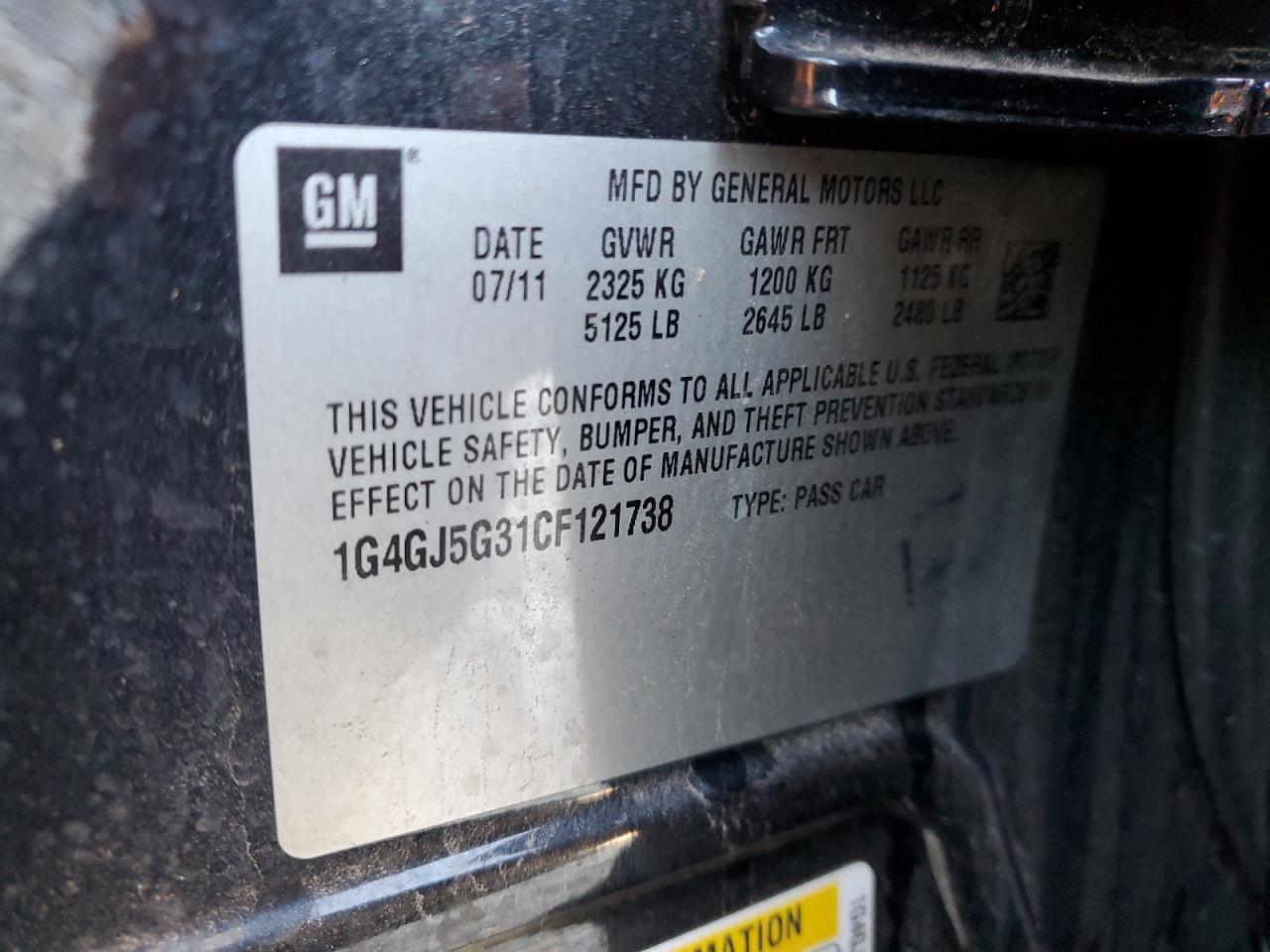 2012 Buick Lacrosse Touring VIN: 1G4GJ5G31CF121738 Lot: 60929385