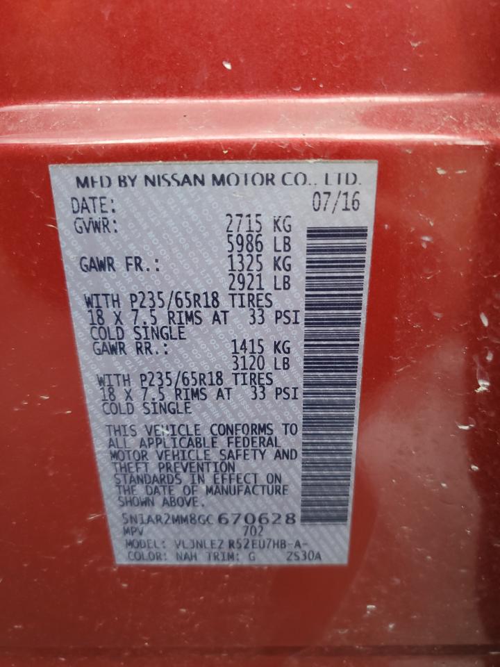 2016 Nissan Pathfinder S VIN: 5N1AR2MM8GC670628 Lot: 51942925