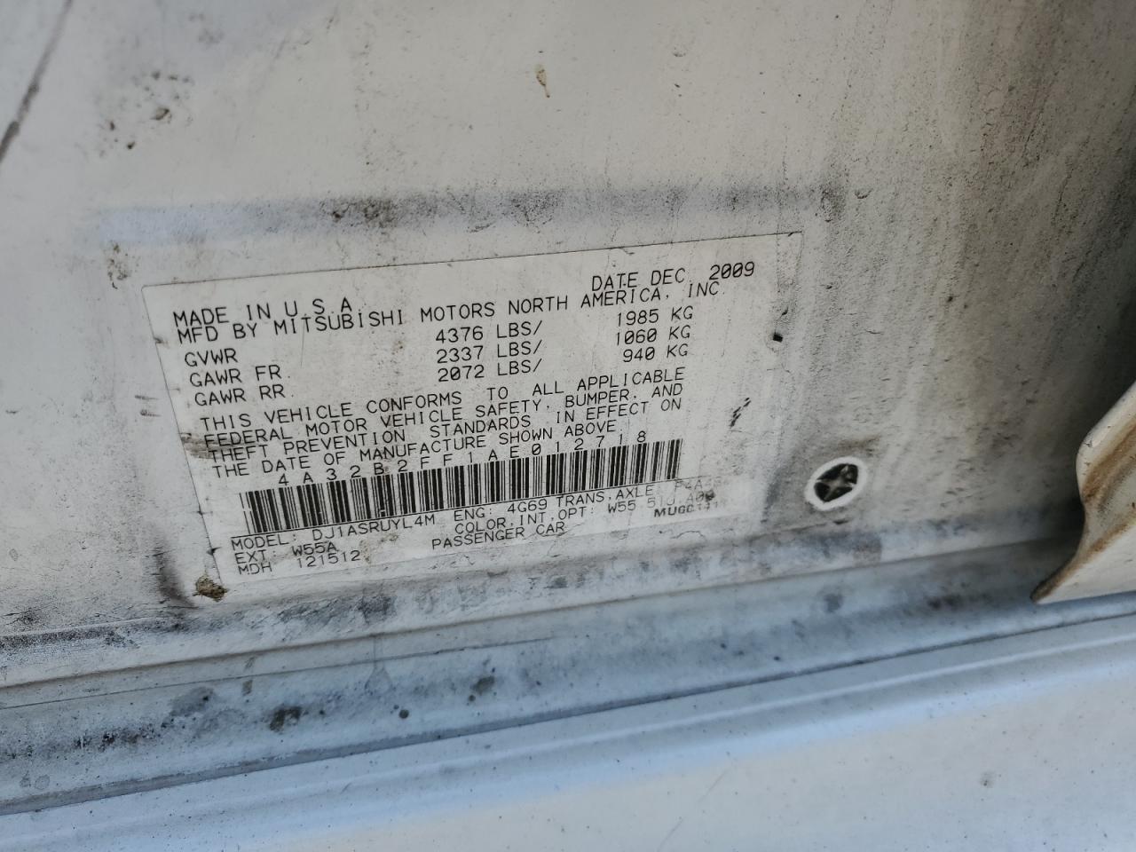 2010 Mitsubishi Galant Fe VIN: 4A32B2FF1AE012718 Lot: 54487945