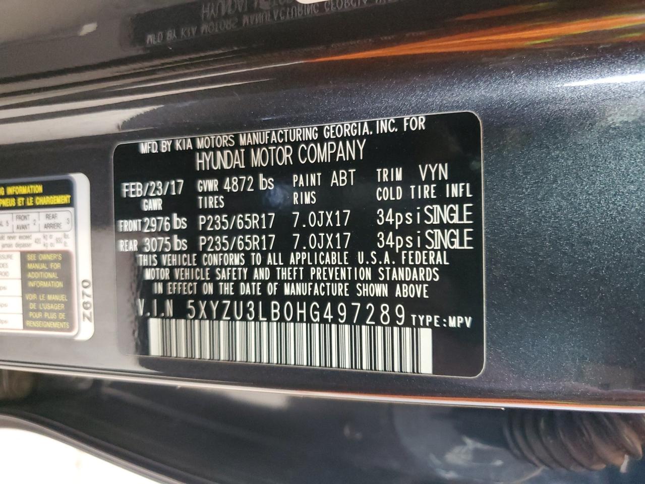 2017 Hyundai Santa Fe Sport VIN: 5XYZU3LB0HG497289 Lot: 54625185