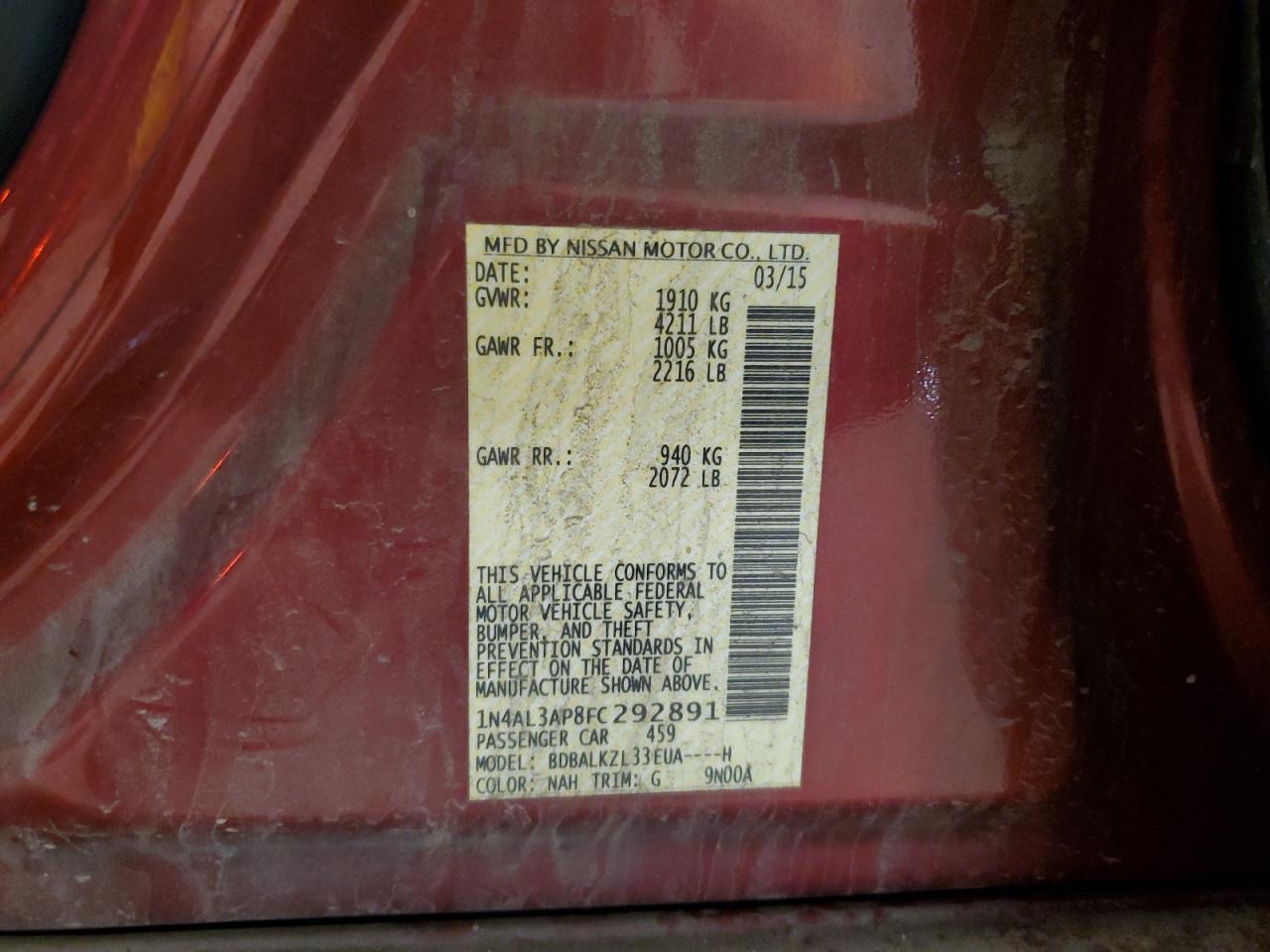 2015 Nissan Altima 2.5 VIN: 1N4AL3AP8FC292891 Lot: 54988305