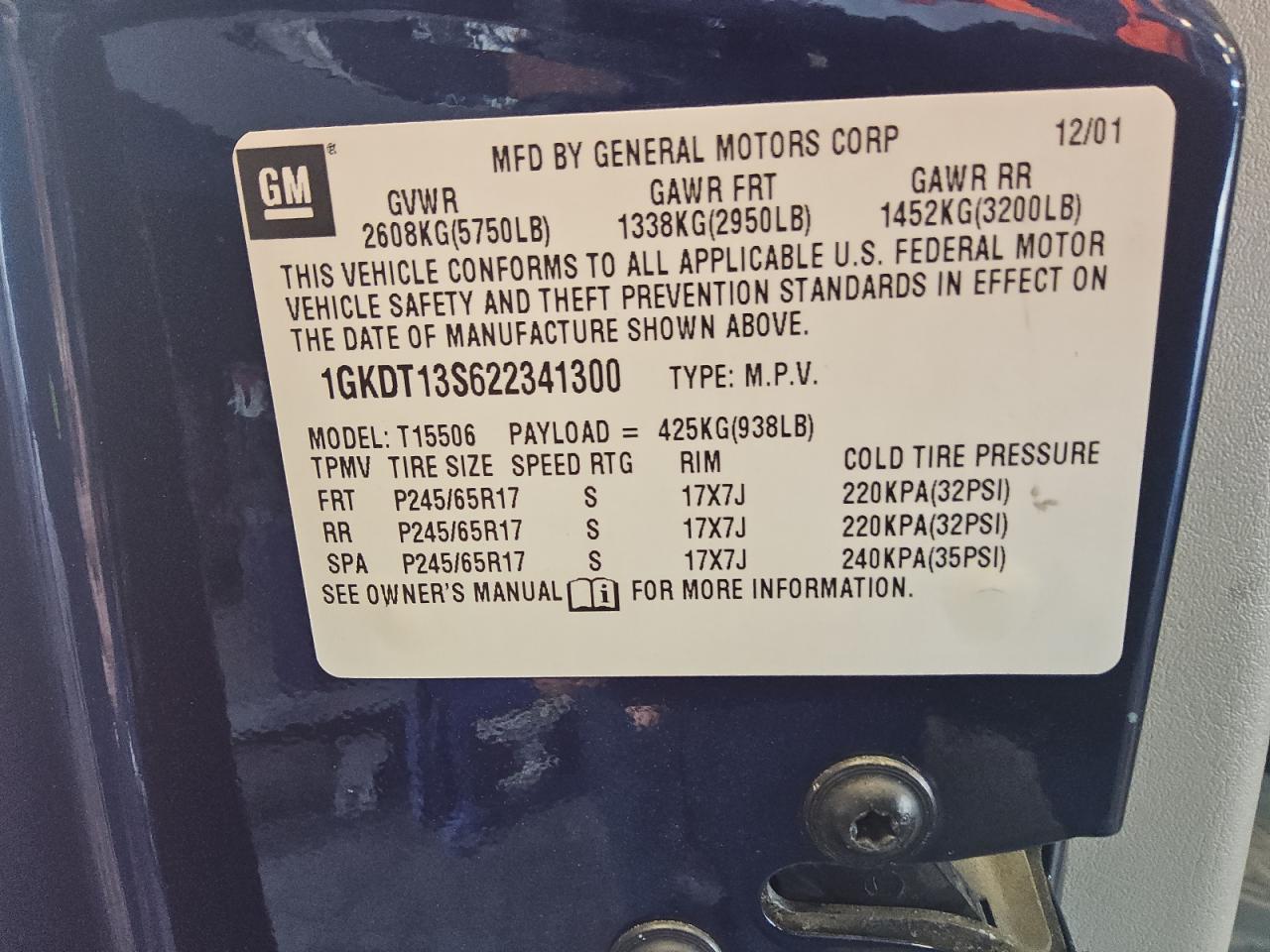 2002 GMC Envoy VIN: 1GKDT13S622341300 Lot: 53406025