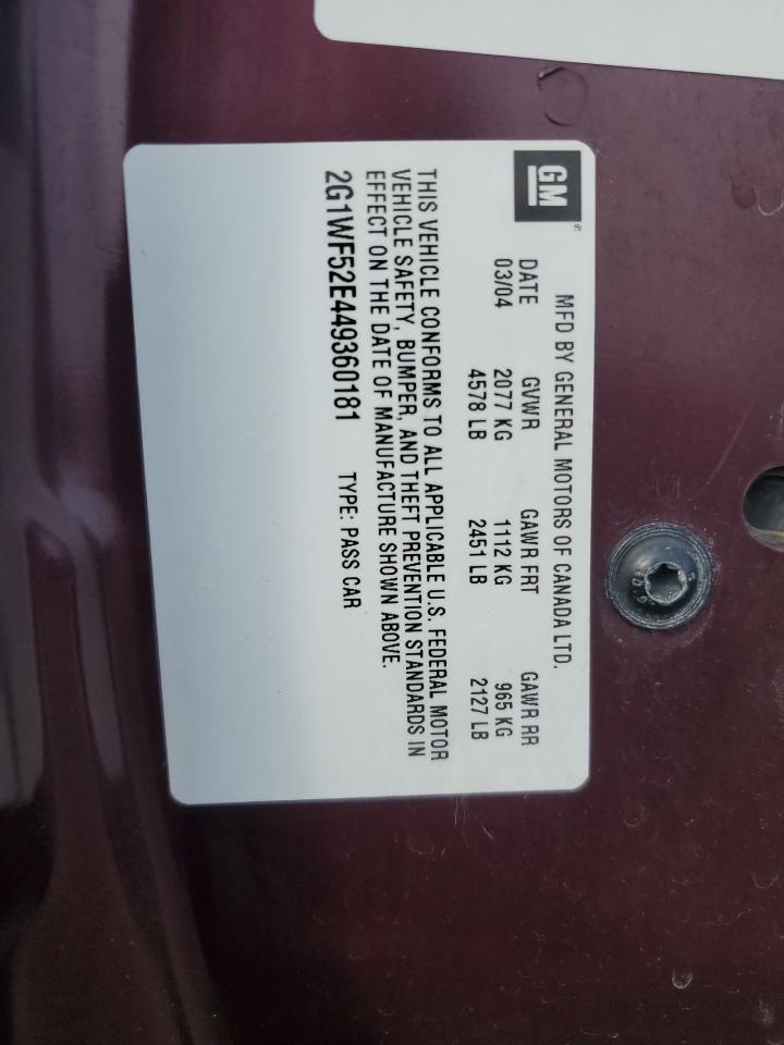 2004 Chevrolet Impala VIN: 2G1WF52E449360181 Lot: 54600645