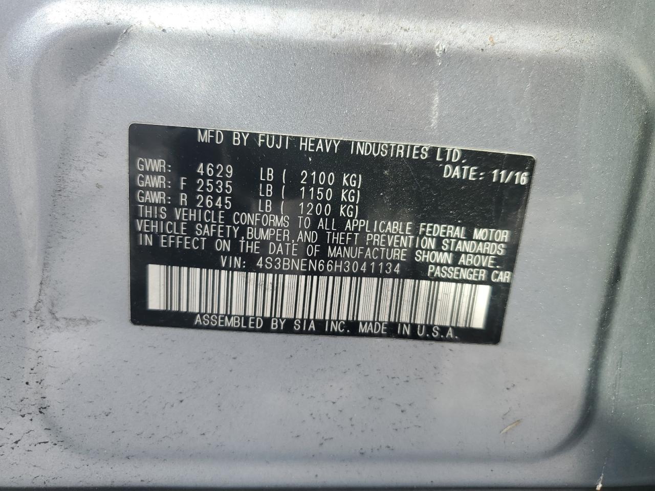 2017 Subaru Legacy 3.6R Limited VIN: 4S3BNEN66H3041134 Lot: 54176845