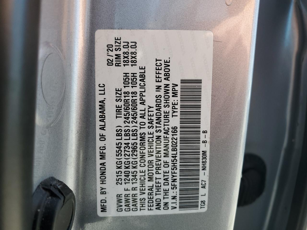2020 Honda Pilot Exl VIN: 5FNYF5H54LB022166 Lot: 52444415