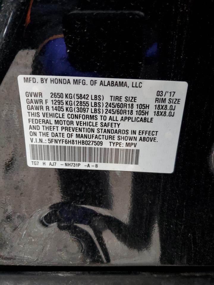 2017 Honda Pilot Exl VIN: 5FNYF6H81HB027509 Lot: 65785085