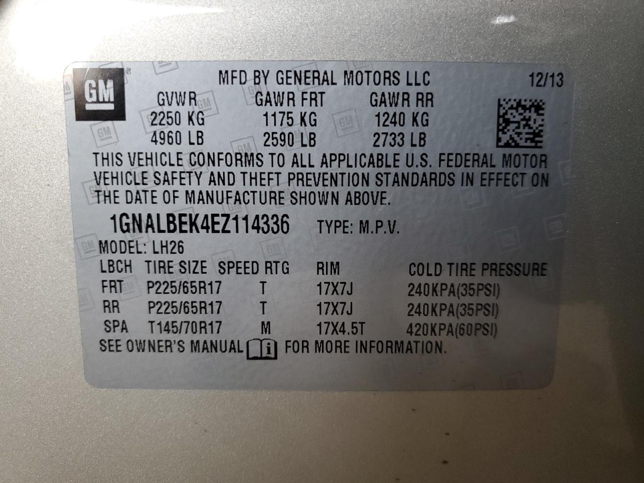 2014 Chevrolet Equinox Lt VIN: 1GNALBEK4EZ114336 Lot: 51633315