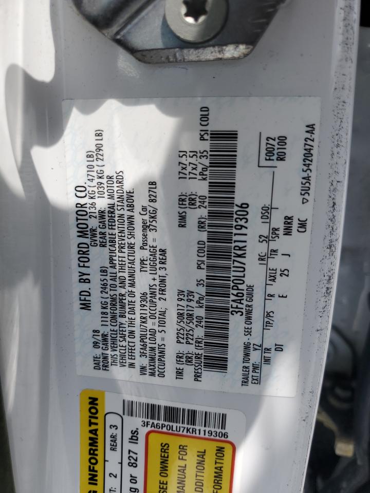 2019 Ford Fusion Se VIN: 3FA6P0LU7KR119306 Lot: 54031875