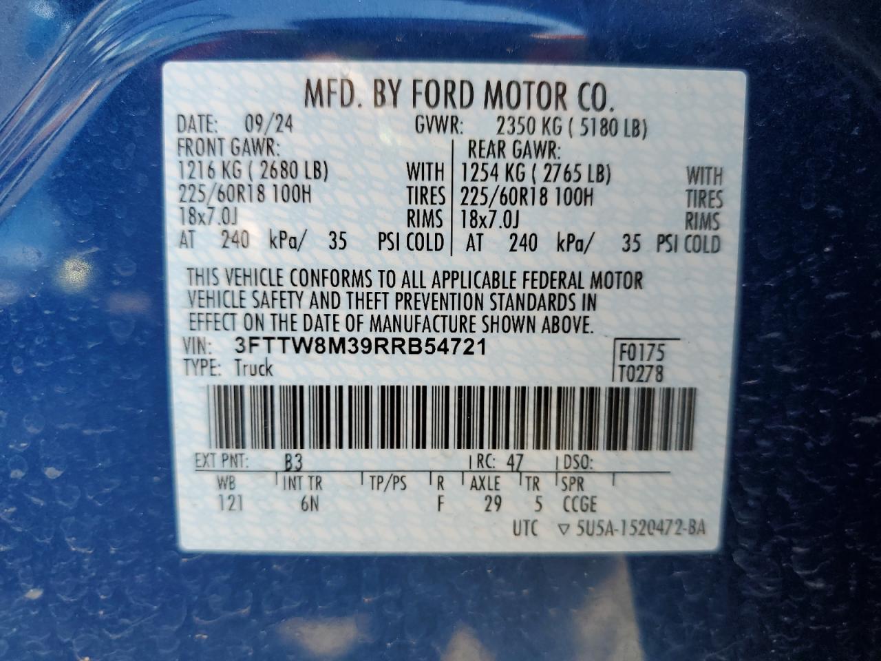 2024 Ford Maverick Lariat VIN: 3FTTW8M39RRB54721 Lot: 53079115