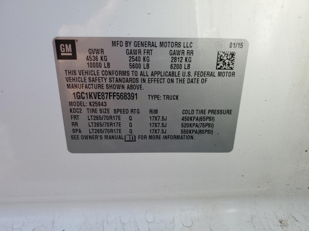 2015 Chevrolet Silverado K2500 Heavy Duty Lt VIN: 1GC1KVE87FF568391 Lot: 54929215