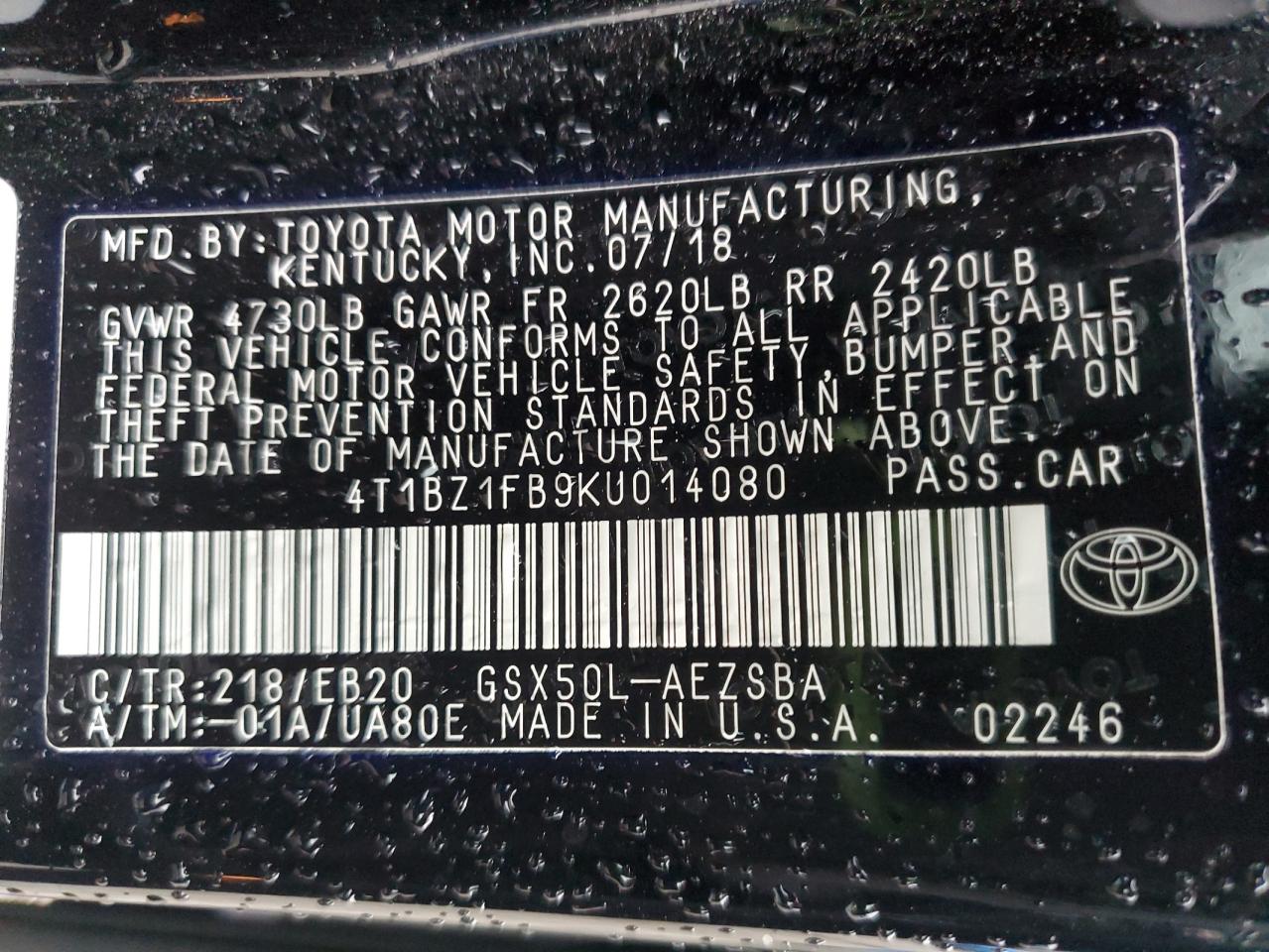 2019 Toyota Avalon Xle VIN: 4T1BZ1FB9KU014080 Lot: 54573115