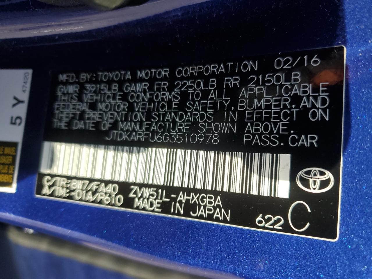 2016 Toyota Prius VIN: JTDKARFU6G3510978 Lot: 51341145