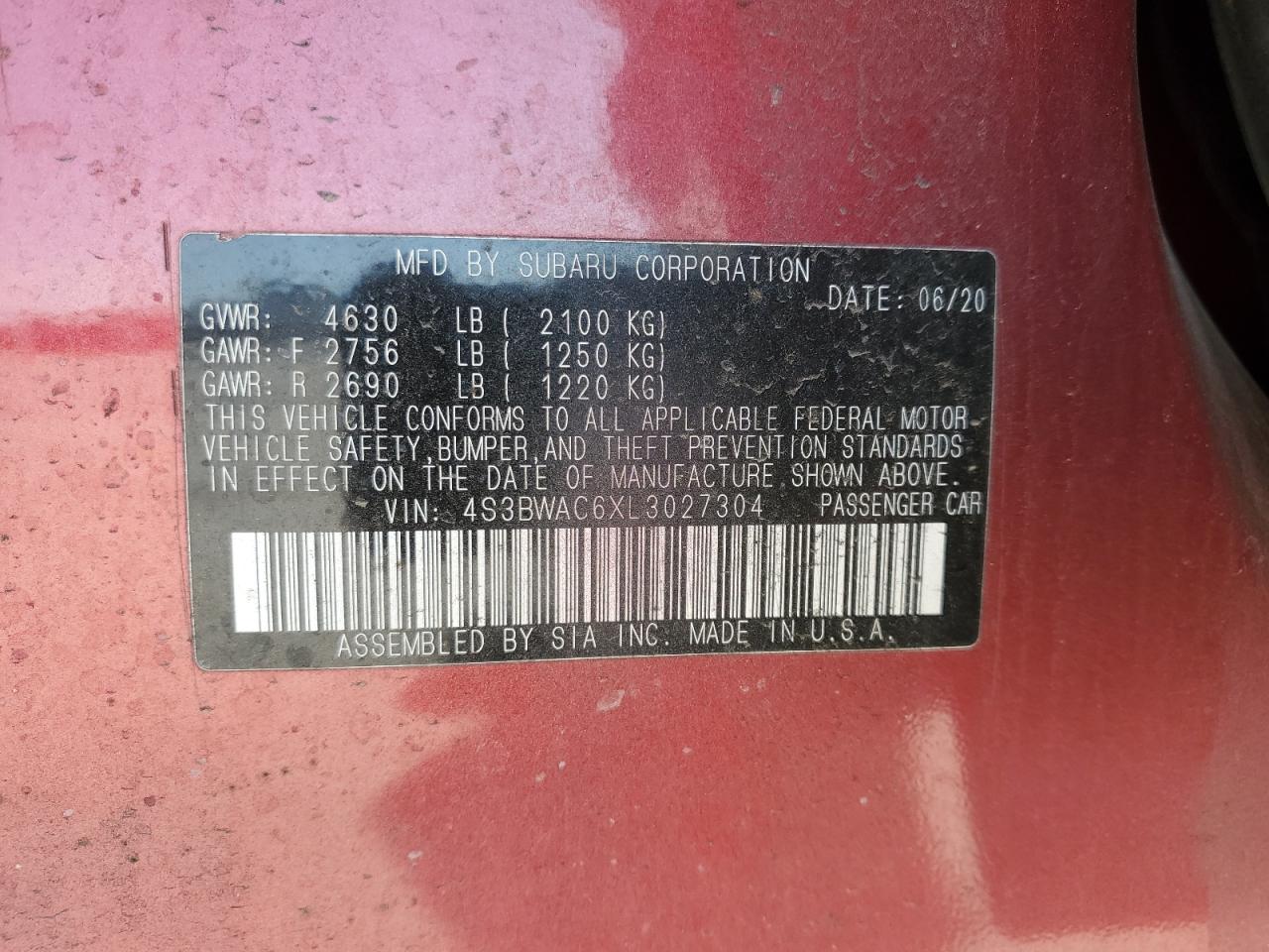 2020 Subaru Legacy Premium VIN: 4S3BWAC6XL3027304 Lot: 53605345