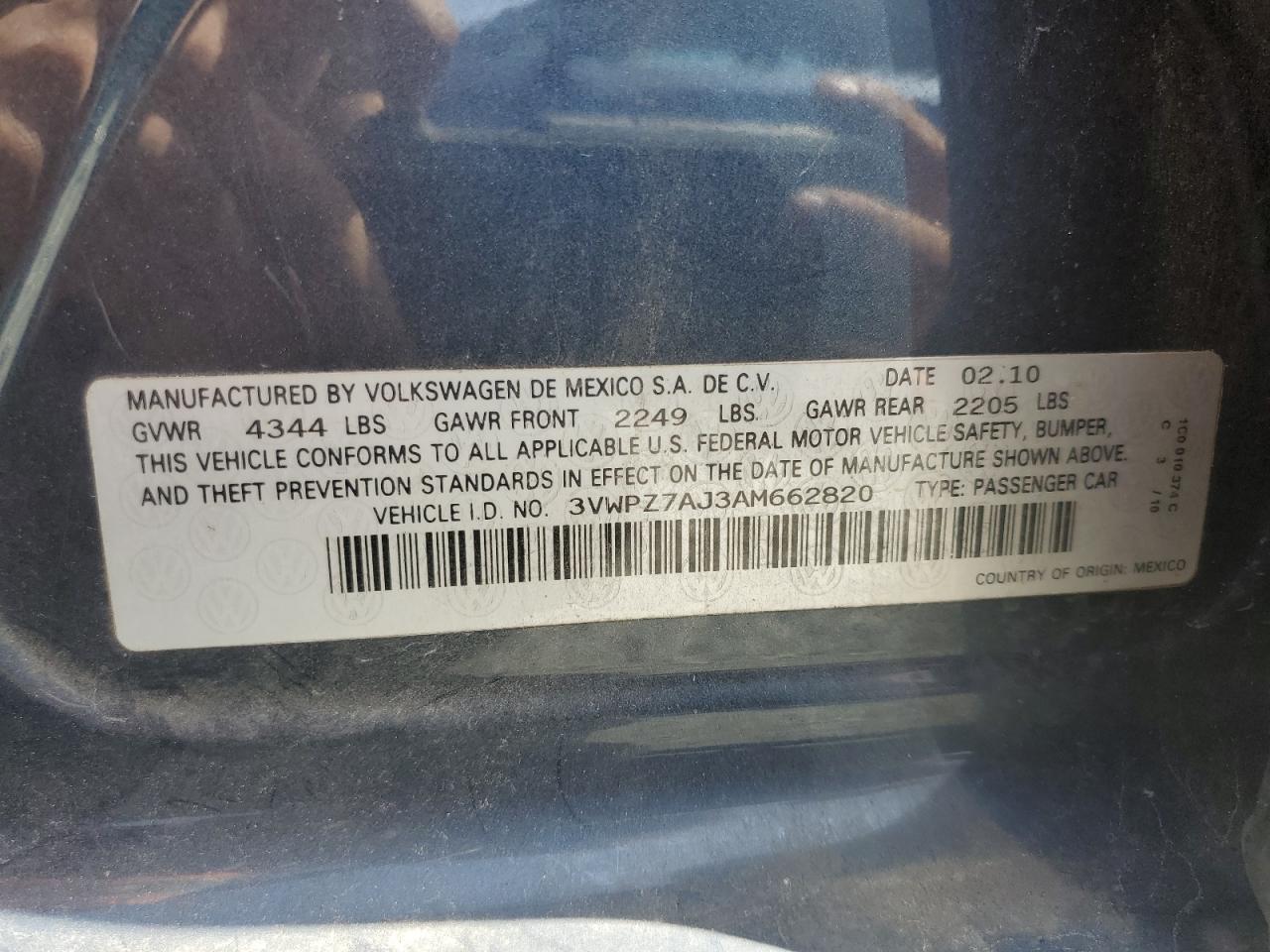 2010 Volkswagen Jetta Se VIN: 3VWPZ7AJ3AM662820 Lot: 54368905