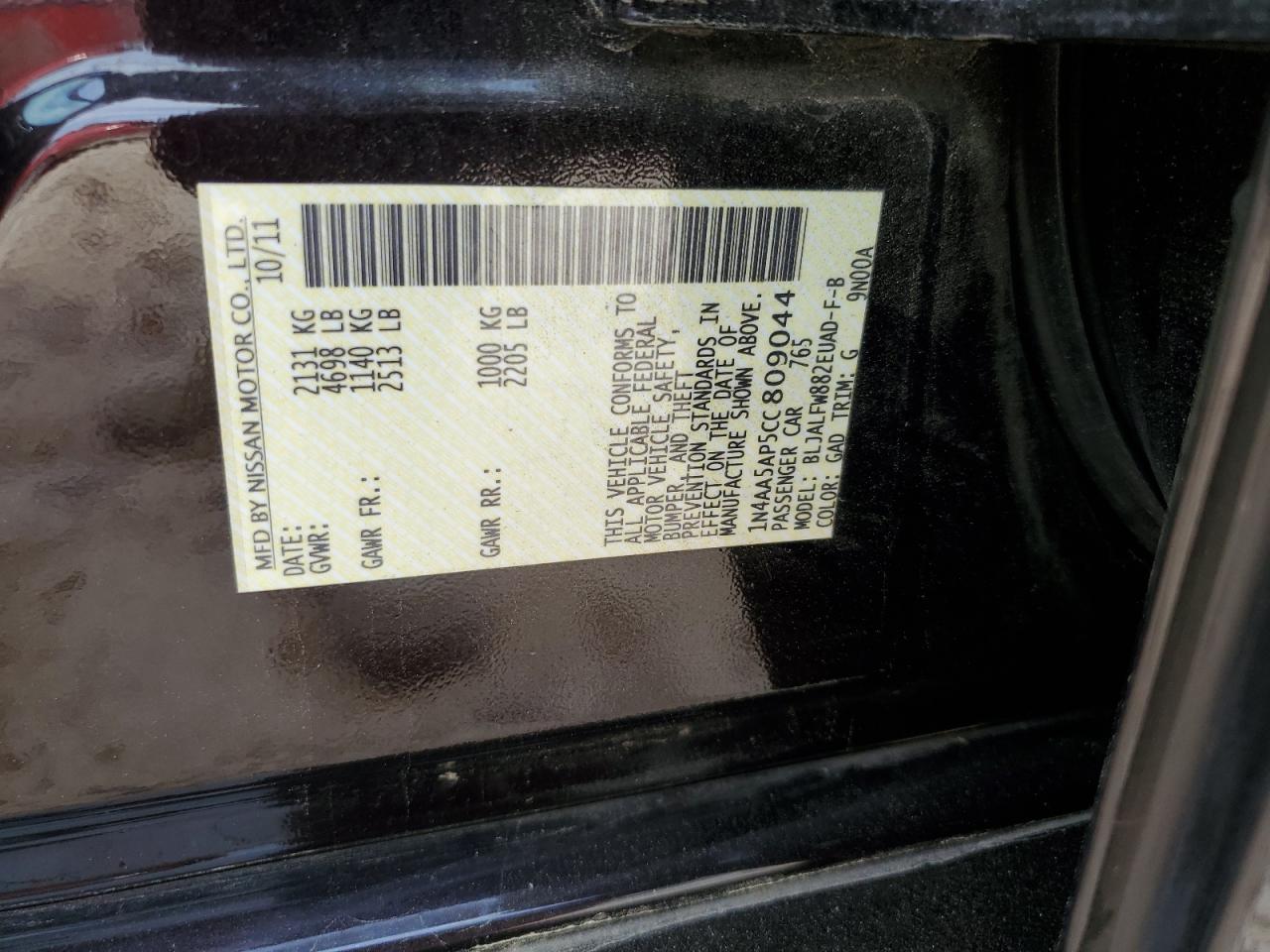 2012 Nissan Maxima S VIN: 1N4AA5AP5CC809044 Lot: 54324595