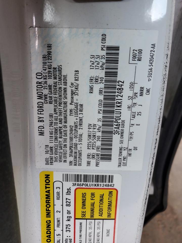 2019 Ford Fusion Se VIN: 3FA6P0LU1KR124842 Lot: 54038705