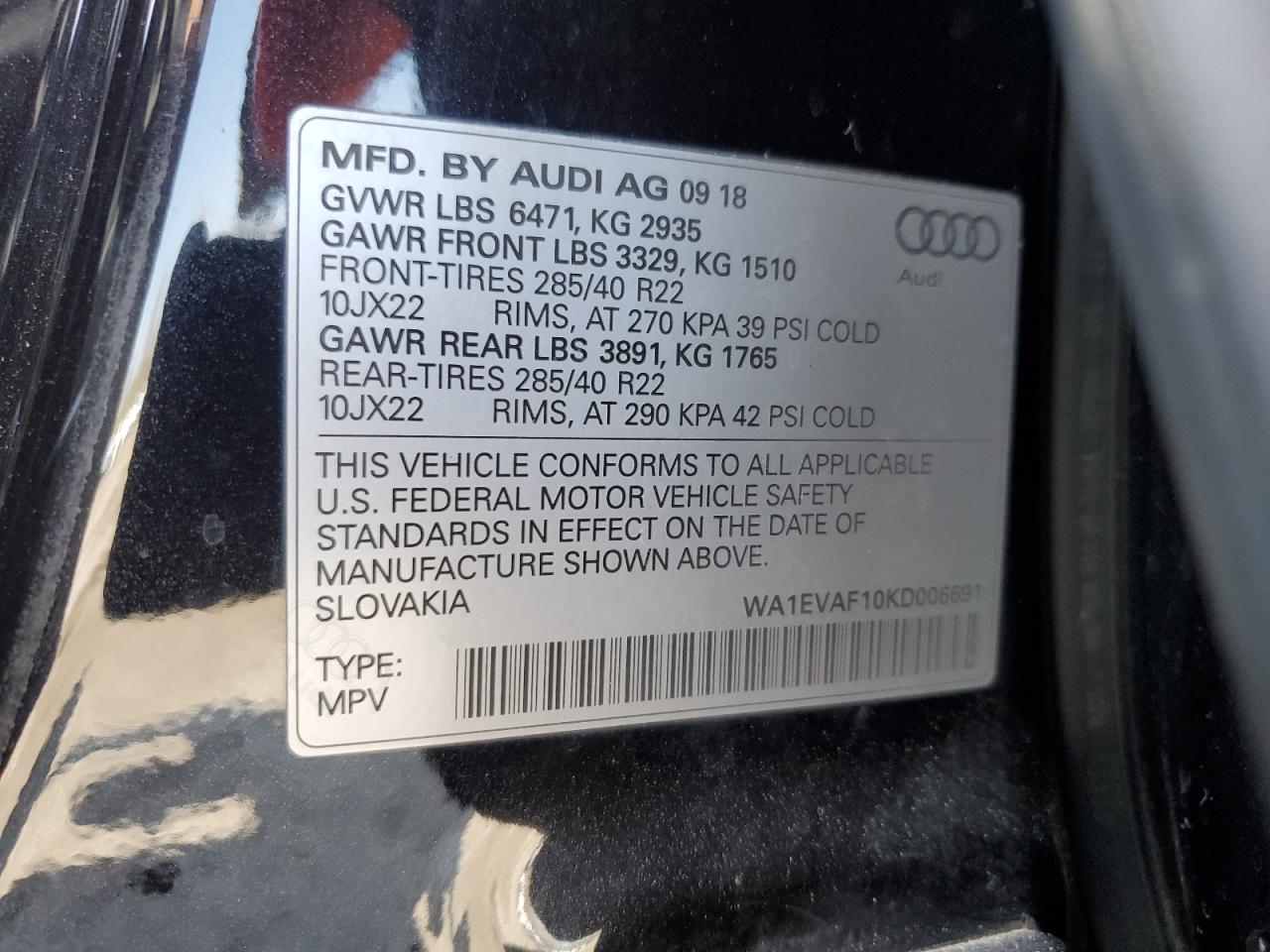 2019 Audi Q8 Premium Plus S-Line VIN: WA1EVAF10KD006691 Lot: 54116275