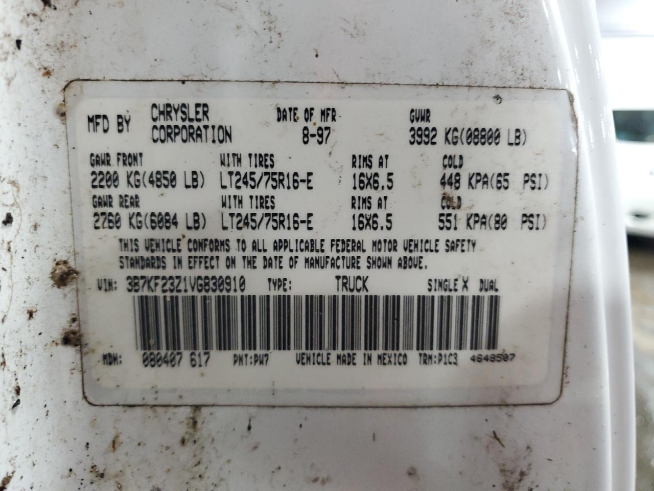 1997 Dodge Ram 2500 VIN: 3B7KF23Z1VG830910 Lot: 54203445