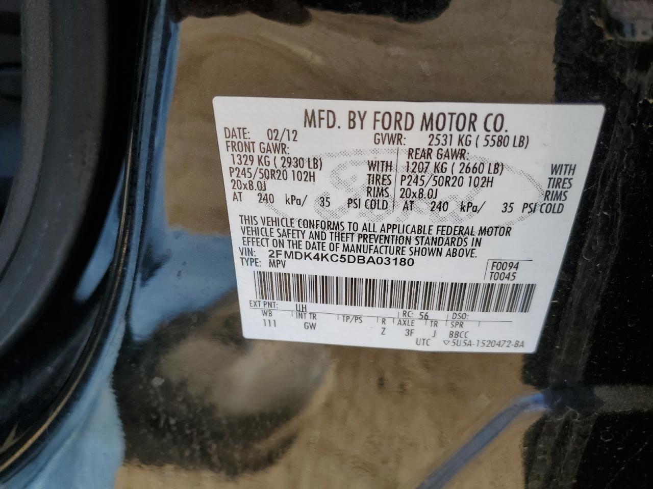 2013 Ford Edge Limited VIN: 2FMDK4KC5DBA03180 Lot: 54621695