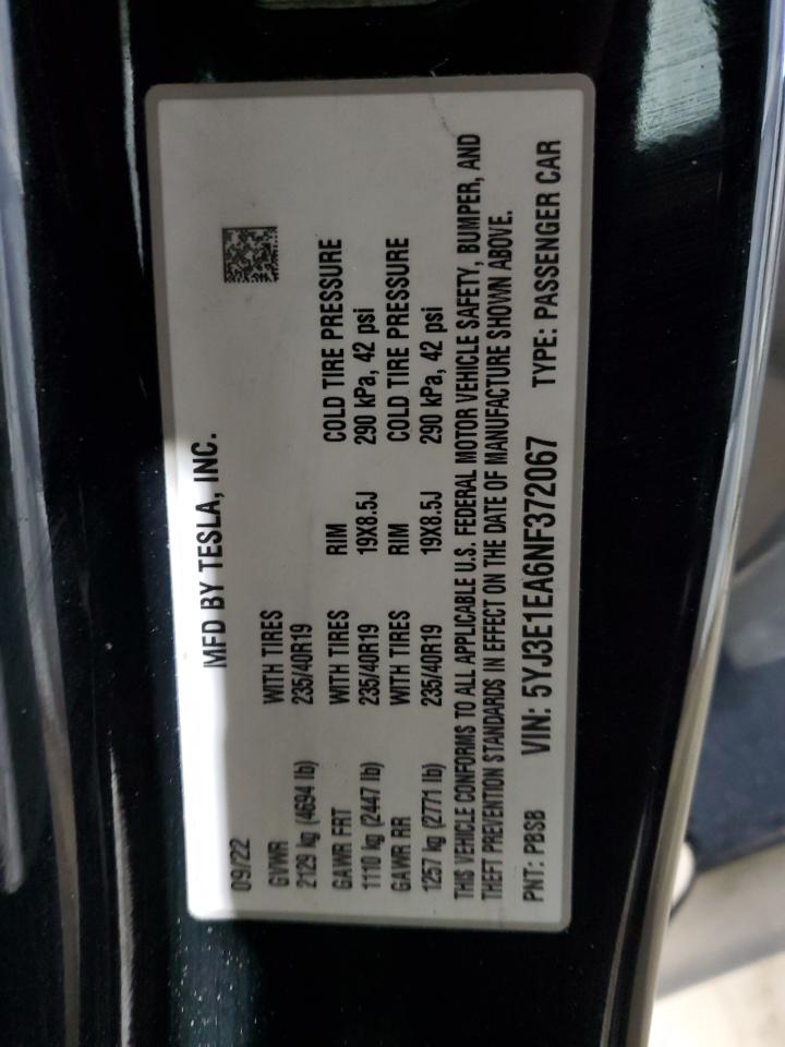 Auction sale of the 2022 TESLA MODEL 3 , vin: 5YJ3E1EA6NF372067, lot number: 52518505