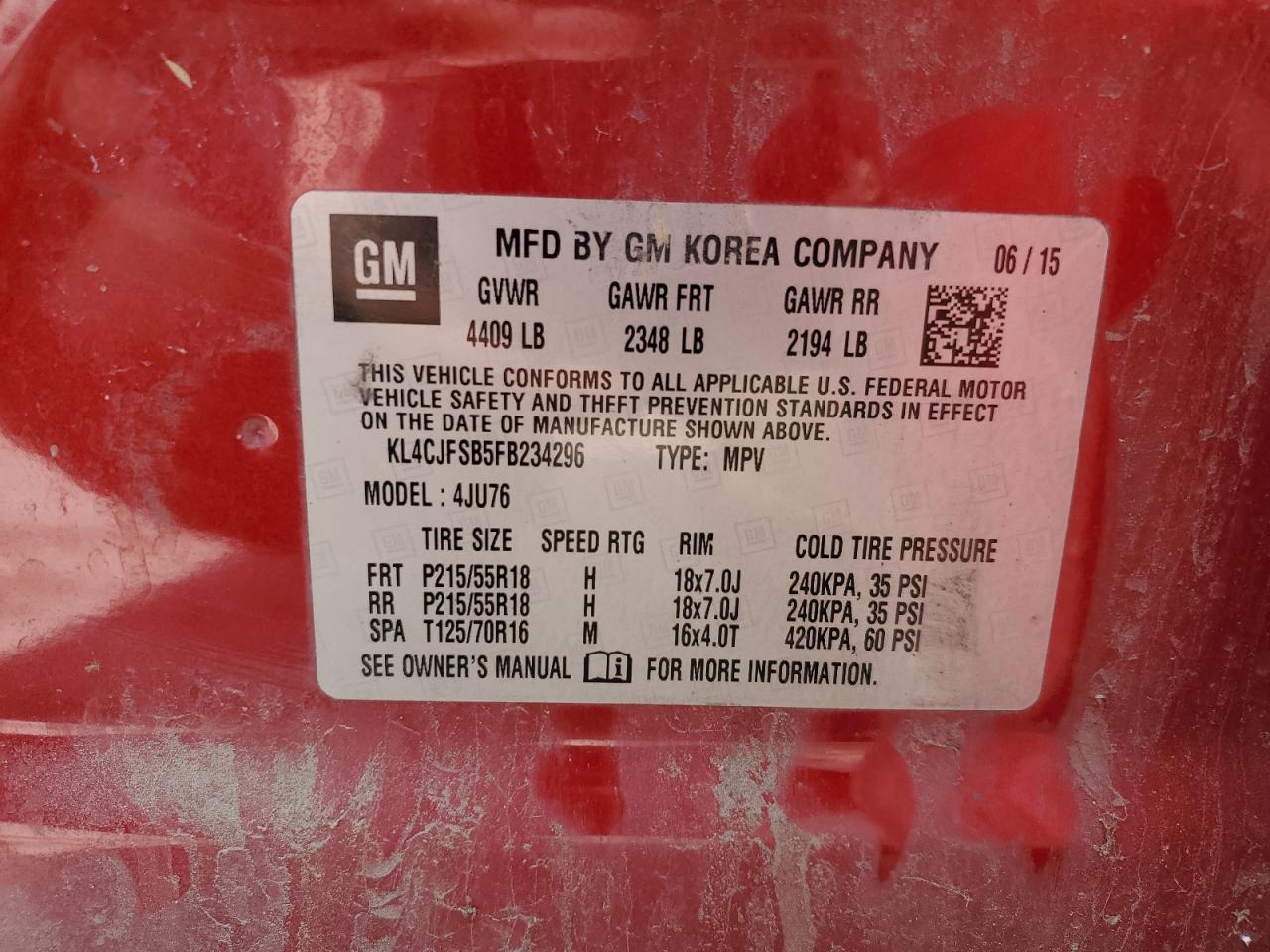 2015 BUICK ENCORE with MECHANICAL damage, VIN KL4CJFSB5FB234296