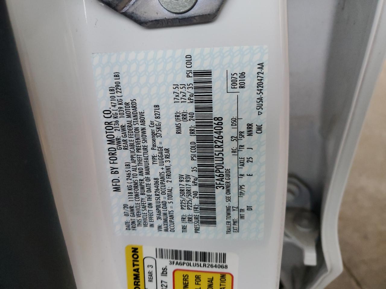 2020 Ford Fusion Se VIN: 3FA6P0LU5LR264068 Lot: 54038735