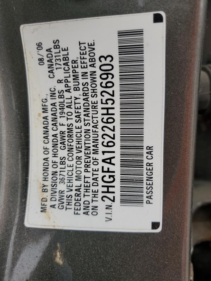 2006 Honda Civic Dx VIN: 2HJFA16226H526903 Lot: 51608645