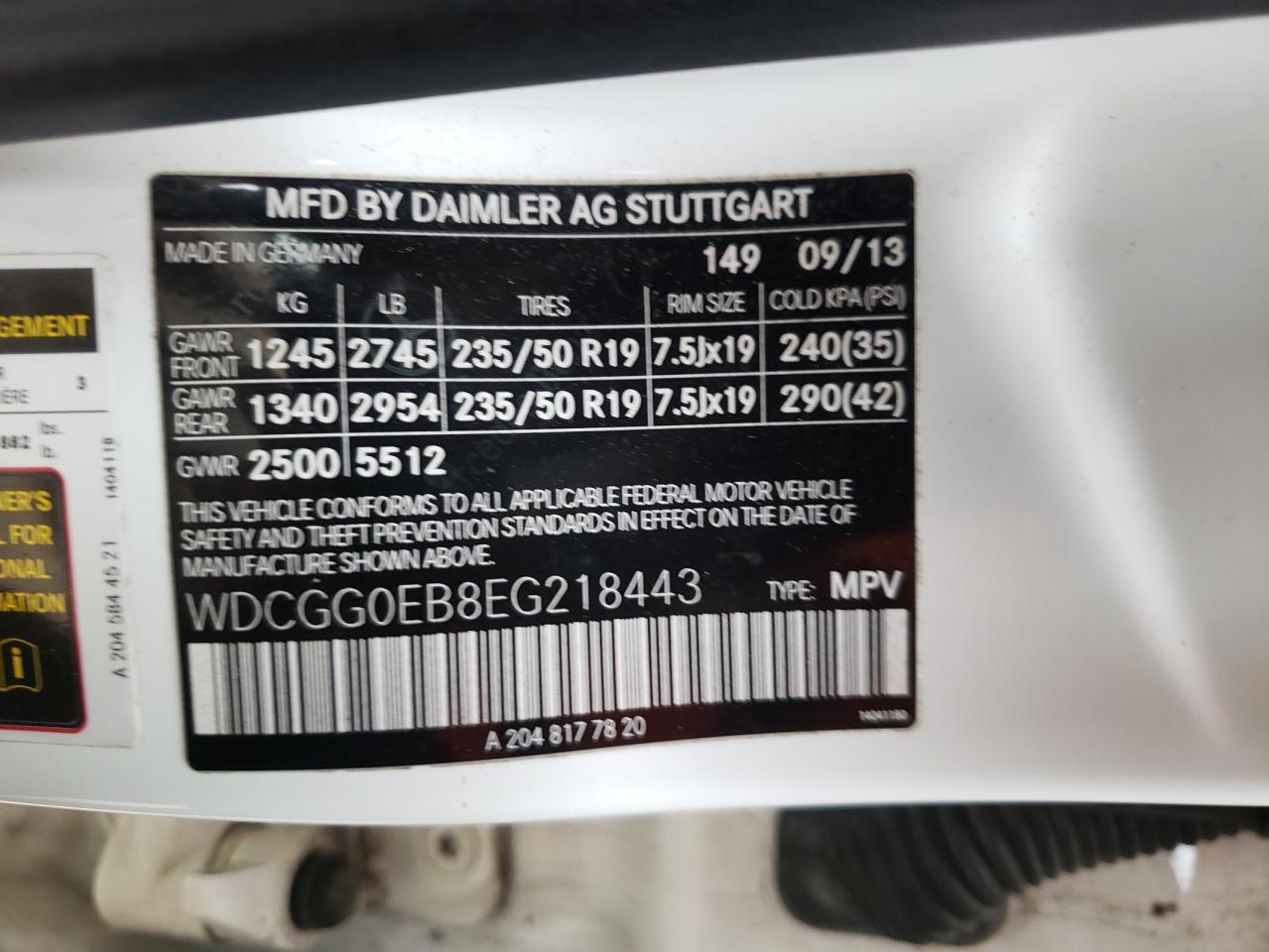 2014 Mercedes-Benz Glk 250 Bluetec VIN: WDCGG0EB8EG218443 Lot: 54436825