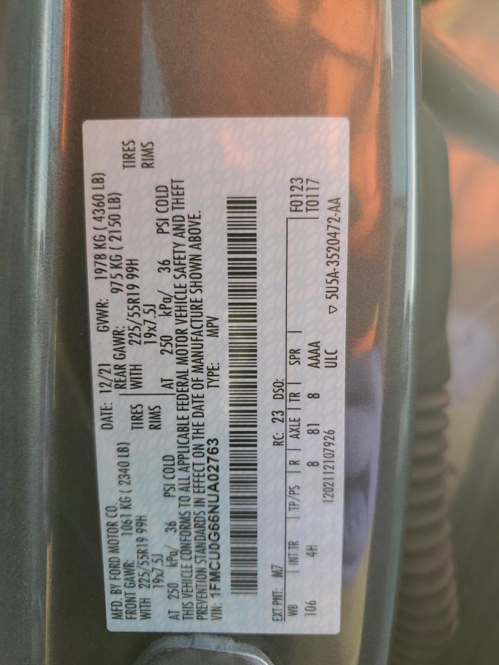 2022 Ford Escape Se VIN: 1FMCU0G66NUA02763 Lot: 53371375