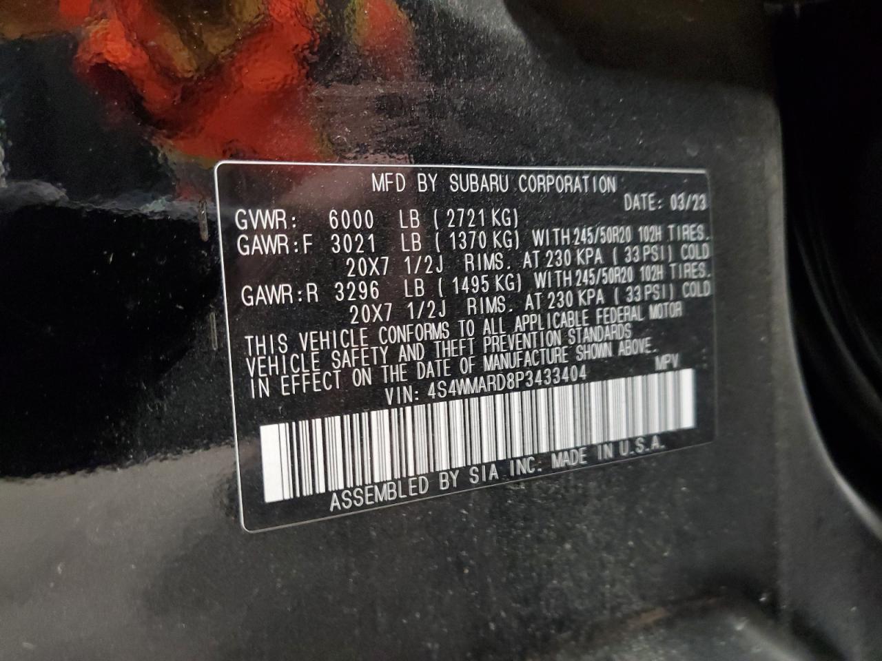 2023 Subaru Ascent Touring VIN: 4S4WMARD8P3433404 Lot: 52735495