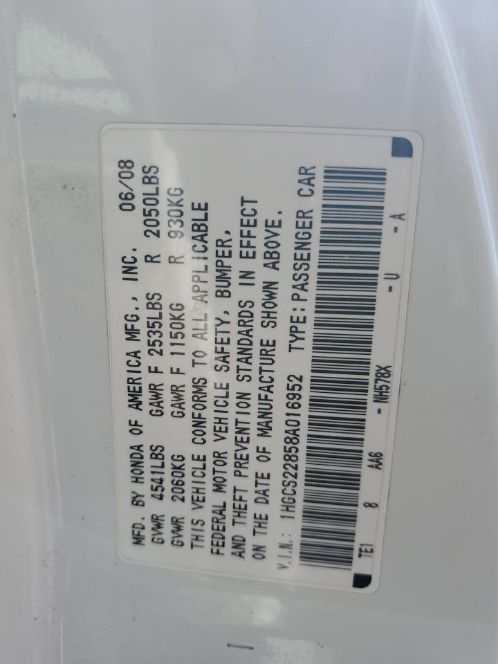 2008 Honda Accord Exl VIN: 1HGCS22858A016952 Lot: 54264315