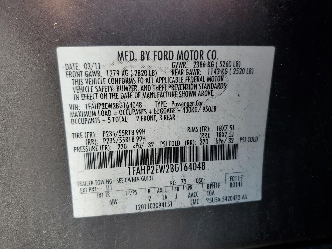 2011 Ford Taurus Sel VIN: 1FAHP2EW2BG164048 Lot: 54587265