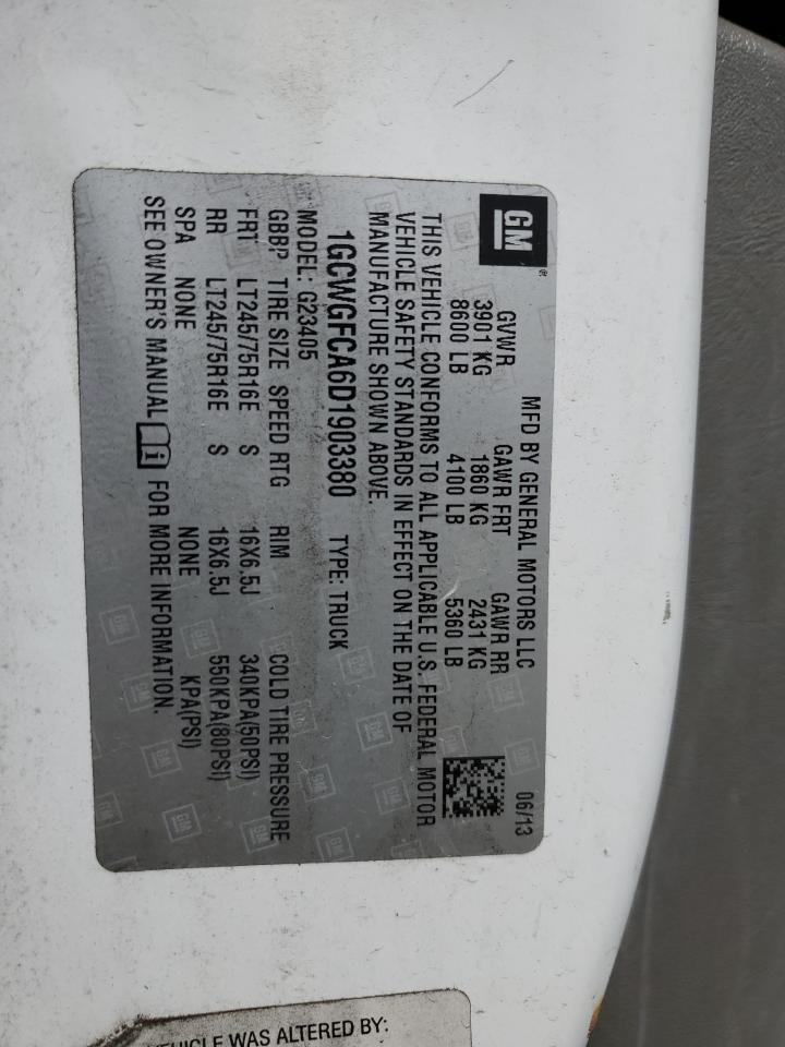 2013 Chevrolet Express G2500 VIN: 1GCWGFCA6D1903380 Lot: 54370895