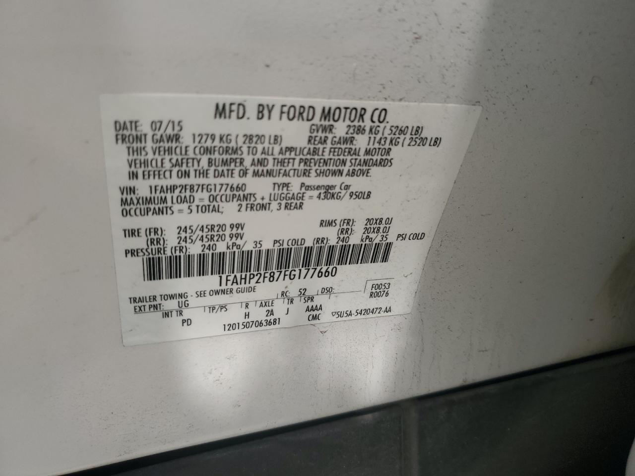 2015 Ford Taurus Limited VIN: 1FAHP2F87FG177660 Lot: 53088605