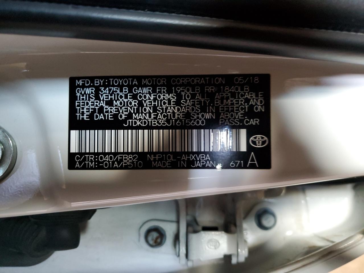 2018 Toyota Prius C VIN: JTDKDTB35J1615600 Lot: 53308675
