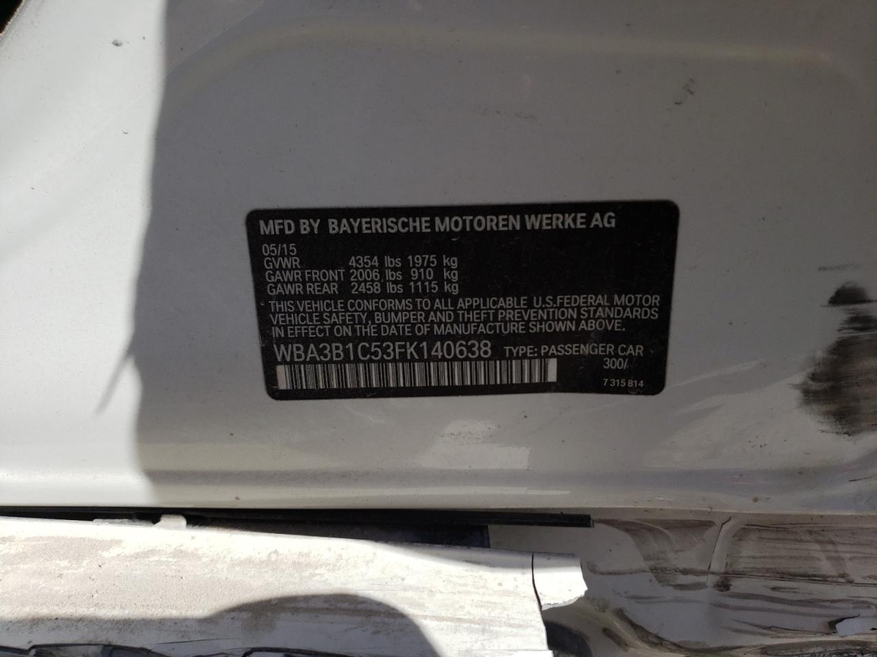 2015 BMW 320 I VIN: 140638 Lot: 42840035